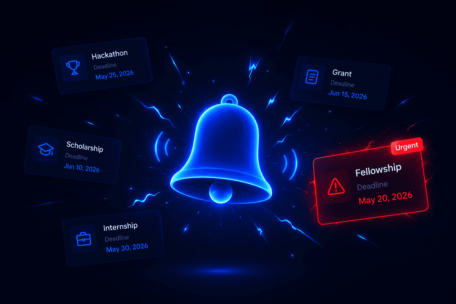 Deadline alert notifications for hackathons, scholarships and internships